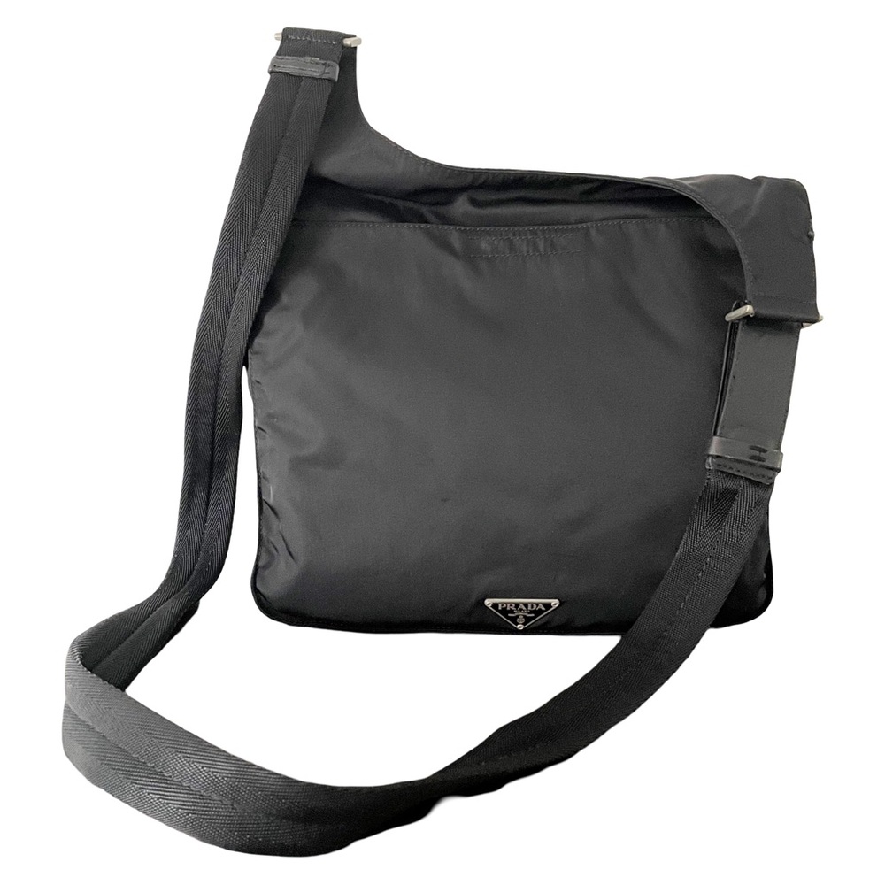 Prada unisex black nylon triangle logo pockets crossbody bag